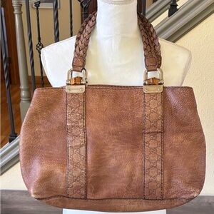 Gucci Brown Leather Shoulder Bag tote with Braided Handles , Authentic , Real